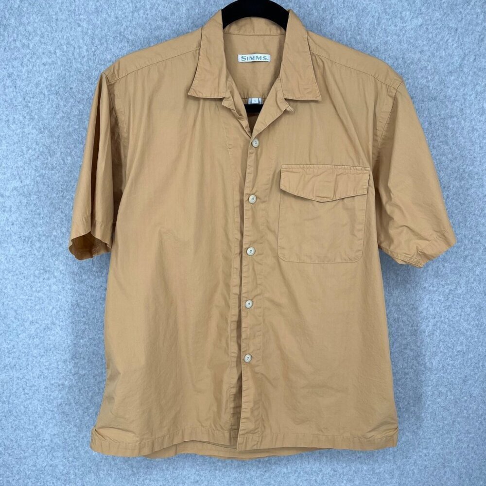 Simms Mens Collared Button Down Short Sleeve Shirt Size L Tan Pocket Fishing